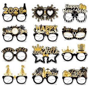 Happy New Year Party Glasses Paper Photo Props Black Gold Glitter 2026 Celebration Holiday Decoration Novelty Eyewear