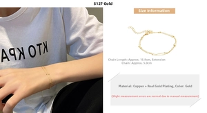 Detail of gold layered bead bracelet made of gold-plated copper with size specifications