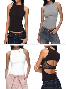Women Tank Top Ribbed Knit Lace Patchwork Sexy Open Back Racerback Slim Fit Casual Summer Top