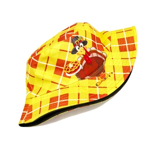 Yellow plaid bucket hat with cartoon turkey print for Thanksgiving holiday fashion