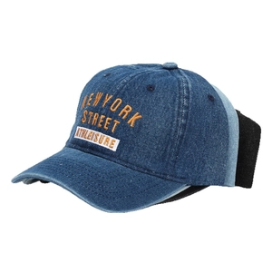 Navy blue denim baseball cap featuring New York embroidery in a 45-degree angle view