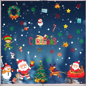 Christmas window stickers with Santa, snowman and elk on a dark blue snowy night background
