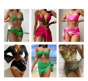 Collage of diverse women bikini sets including marble prints, satin ties and beach sarongs