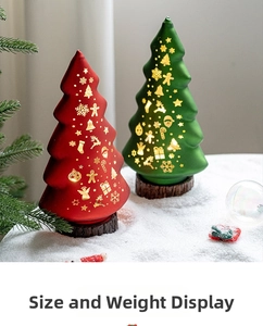 Close-up of glowing glass Christmas trees with festive patterns on snowy background