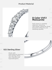 Macro detail of S925 sterling silver stamp and D color VVS1 moissanite stones on ring