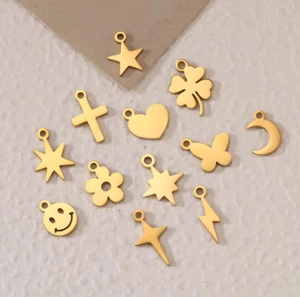 Golden stainless steel DIY jewelry charms set including star, moon and heart shapes