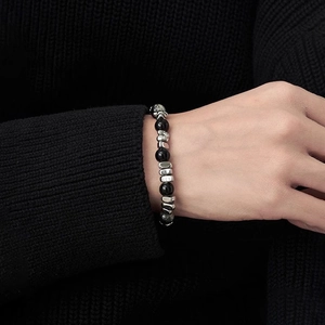 Minimalist Irregular Hematite Beaded Bracelet Titanium Steel Crackle Glass Beads Punk Unisex Adjustable Hand Jewelry