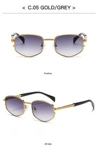 Retro diamond-shaped metal sunglasses in gold with grey gradient lenses in two views