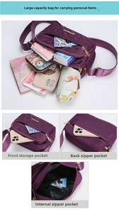 Detailed interior of purple nylon crossbody bag showing multiple organized storage compartments