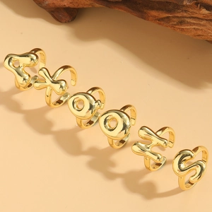 Gold Plated Copper Open Ring With Puffy Bubble Initial Letter Alphabet Minimalist Chunky Jewelry For Women