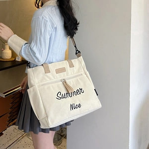 Detail of canvas tote bag with Hellokek Summer embroidery and zip pocket