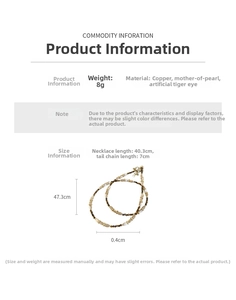 Détail du collier de perles en nacre avec dimensions de 8g et une longueur de 40,3 cm