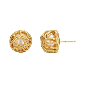 Elegant gold-plated S925 silver stud earrings with a pearl inside a wire cage design