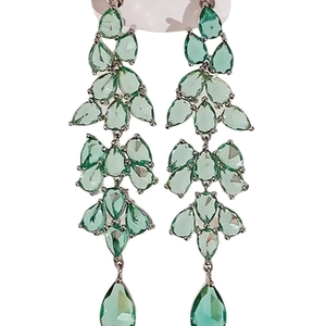 Elegant silver tassel earrings with green leaf-shaped zircon teardrop pendants