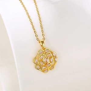 18K gold-plated necklace with hollow rose flower pendant and clear zircon stones