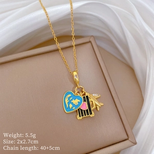 Detail view of travel necklace with airplane and blue heart pendant plus dimensions