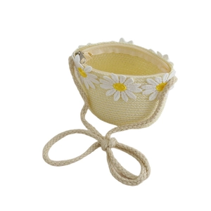 Kids daisy straw crossbody bag with floral embroidery and bow strap for summer beach