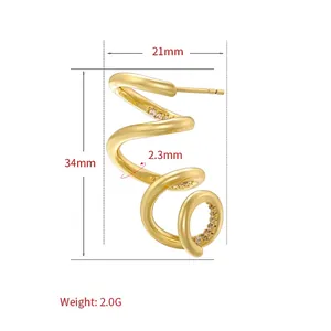 Minimalist 18K gold plated spiral earring with cubic zirconia and smooth curved design