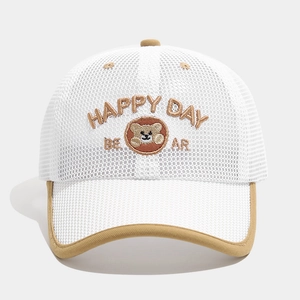 Close-up of HAPPY BEAR embroidery and breathable mesh texture on kids summer cap