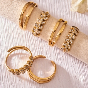 18k gold plated stainless steel leaf wheat ring set with sparkling zircon crystals