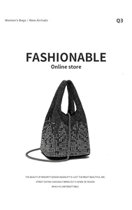 Detail of a black rhinestone bucket bag with a shimmering surface and metal chain strap