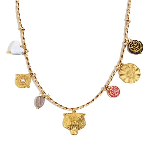 18K gold plated stainless steel leopard and pearl charms necklace with colorful braided cord