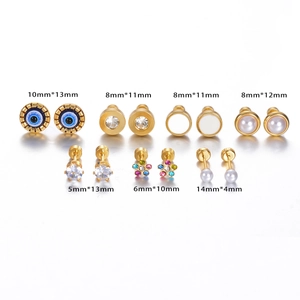 Detail view of 7 pairs of gold-plated stainless steel earrings with size measurements