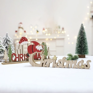 Wooden Merry Christmas tabletop sign with Santa Claus cutout for festive holiday decoration