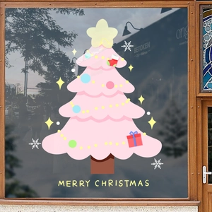 Pink cartoon Christmas tree window sticker with Merry Christmas text for festive glass decor