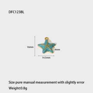 Detail showing dimensions of blue starfish pendant with gold edges and DFC123BL marking