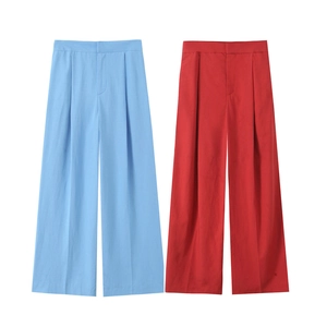 Women's tube top and high waist wide leg pants set in light blue and red colors