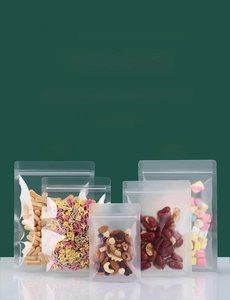 Detail of frosted and clear stand-up pouches showing food grade seal and flat bottom
