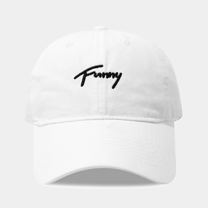 Detail of Funny black script embroidery on a premium white washed cotton baseball cap