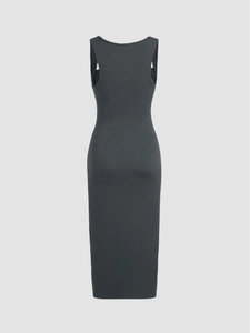 Elegant sleeveless dark grey ribbed knit midi dress with slimming ruching on the back