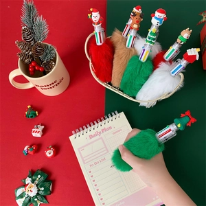 Christmas 6-color cartoon plush ballpoint pen with Santa and reindeer motifs