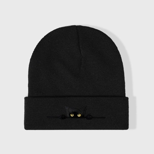 Berretto in maglia nera minimalista con ricamo a forma di gatto cartone animato caldo