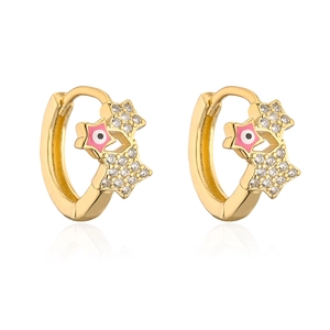 Close-up of gold star earrings with pink enamel eye and sparkling zircon stones