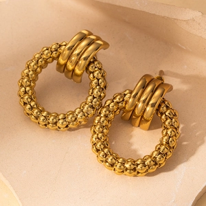 Retro chunky gold plated stainless steel hoop earrings with beaded texture finish