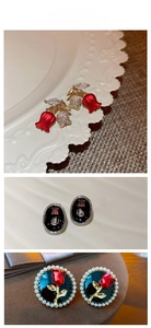 Detailed views of vintage tulip and rose earrings with enamel and pearl accents