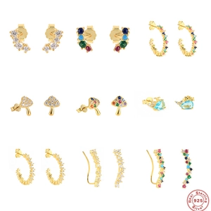 925 Sterling Silver Earrings Gold Plated Cubic Zirconia Mushroom Whale Rainbow Geometric Colorful Sparkly Stud Hoops Jewelry