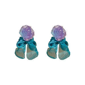 Elegant purple resin flower earrings with blue organza bow charms for women