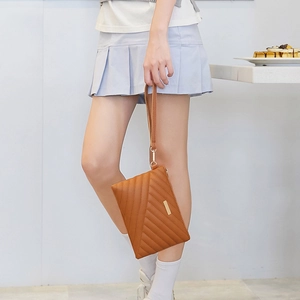 Chic brown quilted faux leather envelope clutch with wristlet and gold hardware