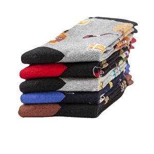Variety pack of men's colorful cotton crew socks featuring patterned heels and toes