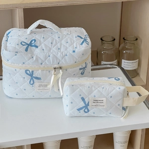 Detail showing two quilted makeup bags with blue polka dots and bows on a shelf