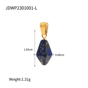 Macro detail of geometric lapis lazuli pendant showing dimensions 1.83cm by 0.66cm