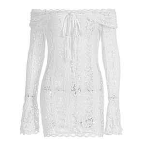 White off-shoulder lace mini dress with bell sleeves and front lace-up detailing