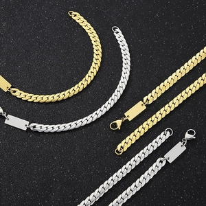 Polished stainless steel Cuban curb necklaces in gold and silver with blank nameplates