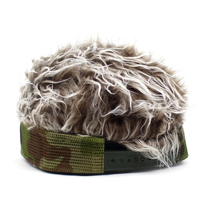 Adjustable camouflage mesh baseball cap with long brown wig and plastic snapback closure