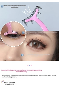Close-up of pink false eyelashes applicator tool showing application steps and results