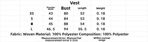 Detailed size chart and fabric composition for V-neck sleeveless waist vest top
